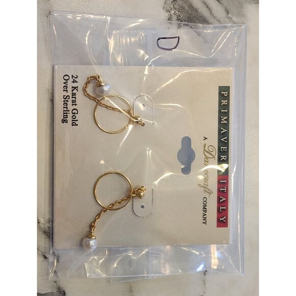 Primavera Italy 24K Gold Over Sterling Dangle Earrings Chain & Faux Pearl Drop - Picture 2 of 5